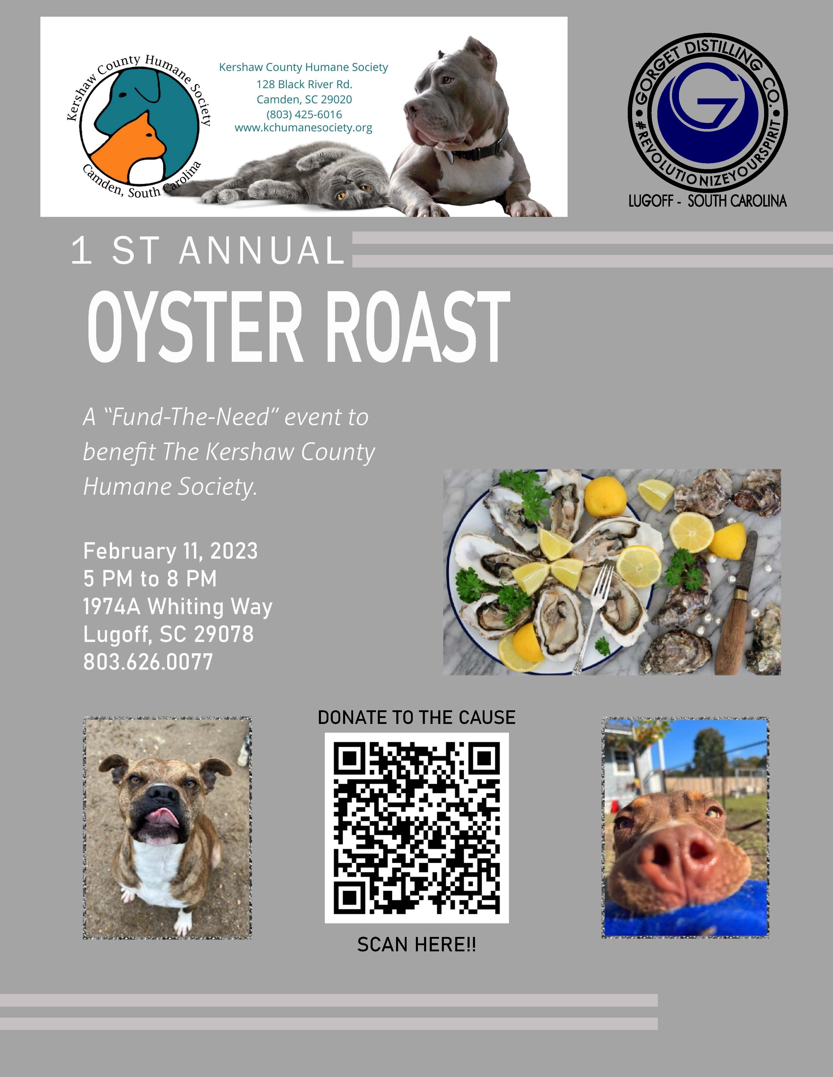 Grab your oyster knife and gloves and join us for an evening of salty South Carolina oysters, BBQ plates provided by Haile Street Grill,  live music with Landslide, and a Silent Auction to benefit our Local No Kill, Kershaw County Humane Society