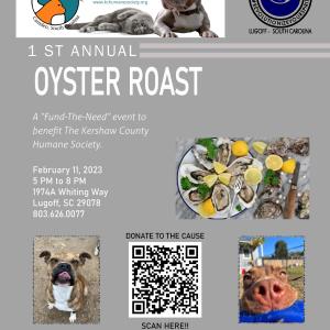 Grab your oyster knife and gloves and join us for an evening of salty South Carolina oysters, BBQ plates provided by Haile Street Grill,  live music with Landslide, and a Silent Auction to benefit our Local No Kill, Kershaw County Humane Society